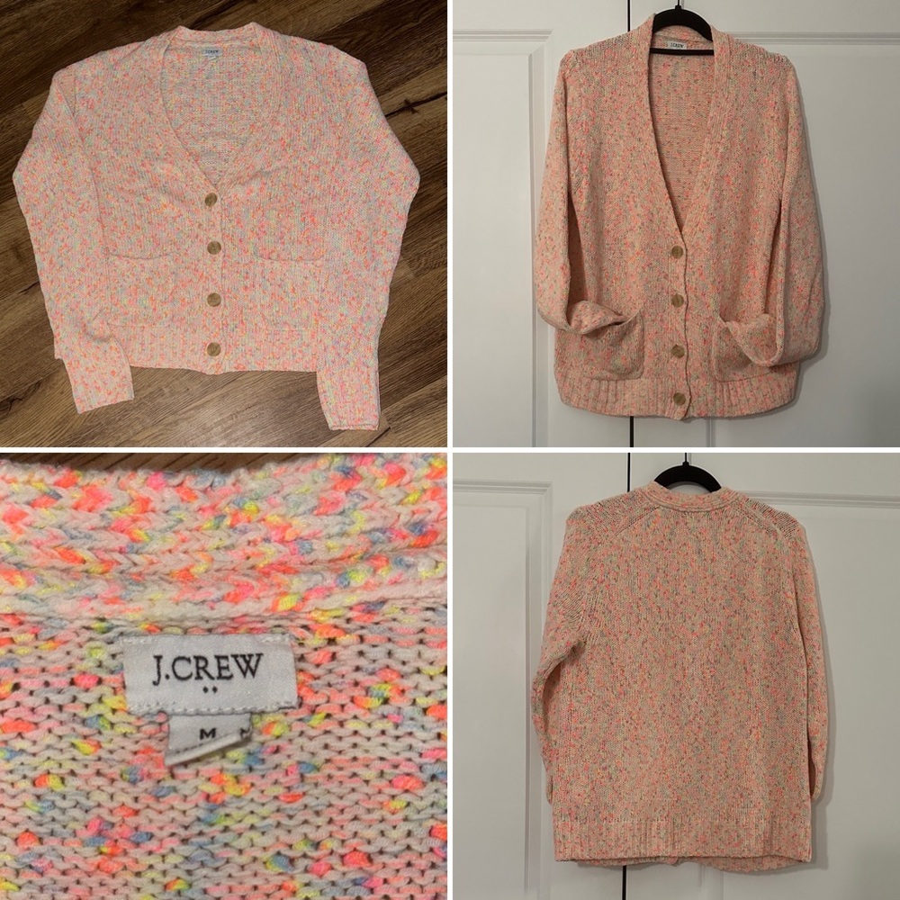 J. Crew neon speckled button down cardigan, lightweight, 2 pockets, size M